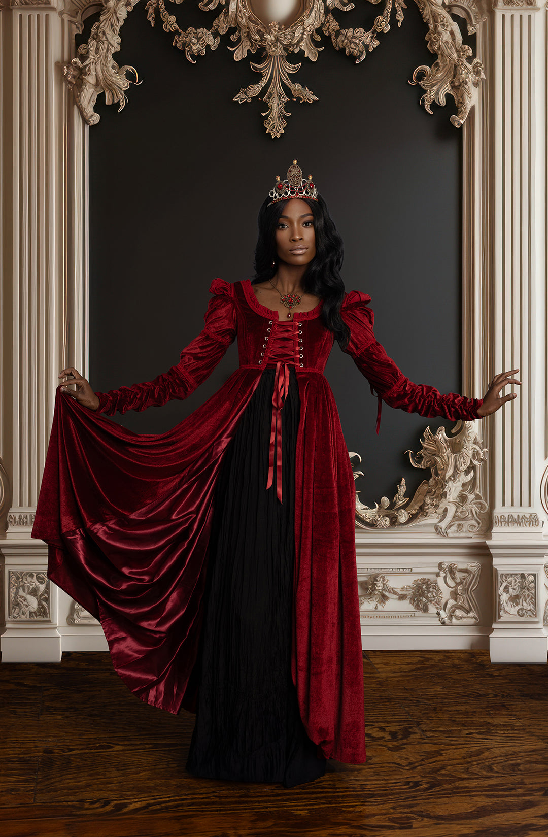 Red Velvet Bridgerton Dress - Regency Empire Waist