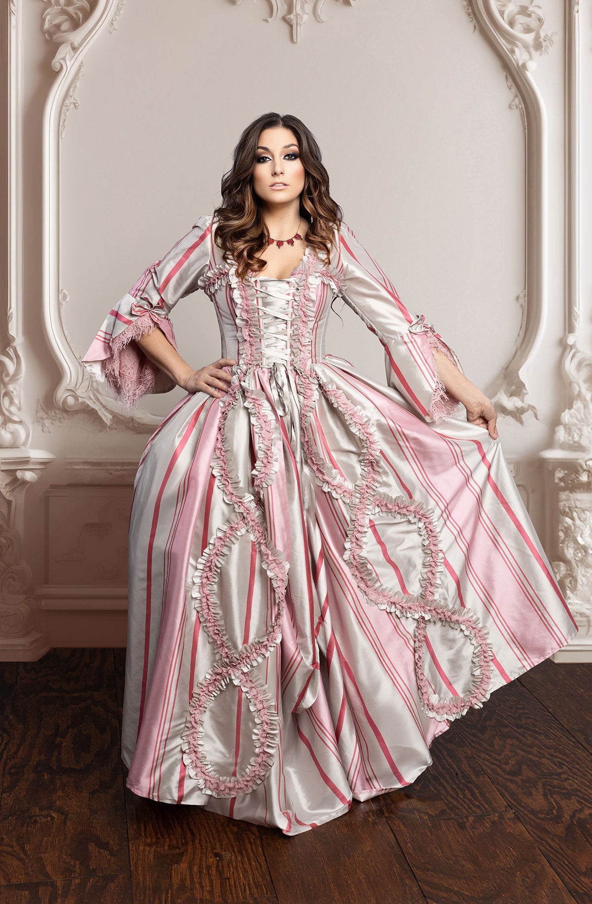 white christmas dresses Immortelle Gown — Marie Antoinette–Inspired 18th Century Corset Gown in Striped Victoria Princess: (S/M) Corset Size 20-24 / Faux Silk Taffeta /