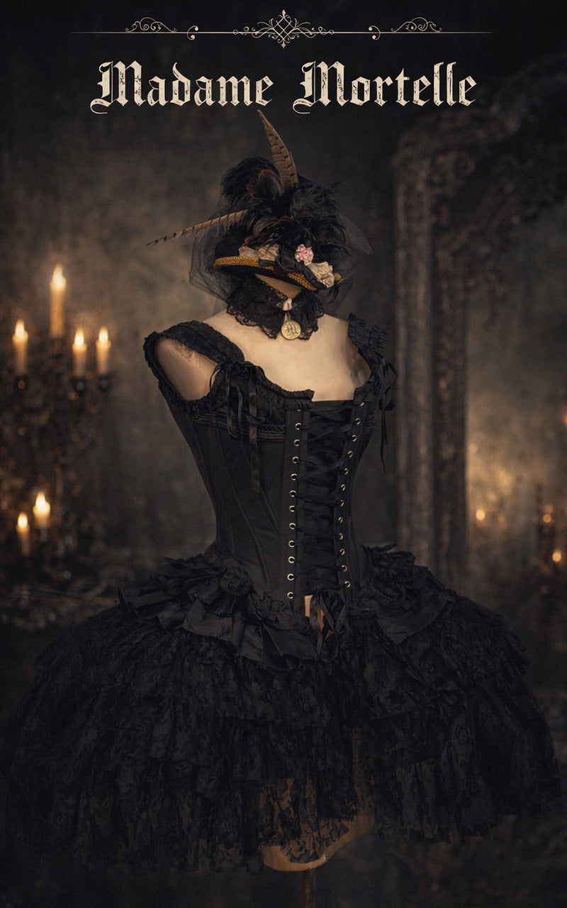 French Stays Renaissance Corset in Black Taffeta - Short Peplum - Immortelle Bijouterie