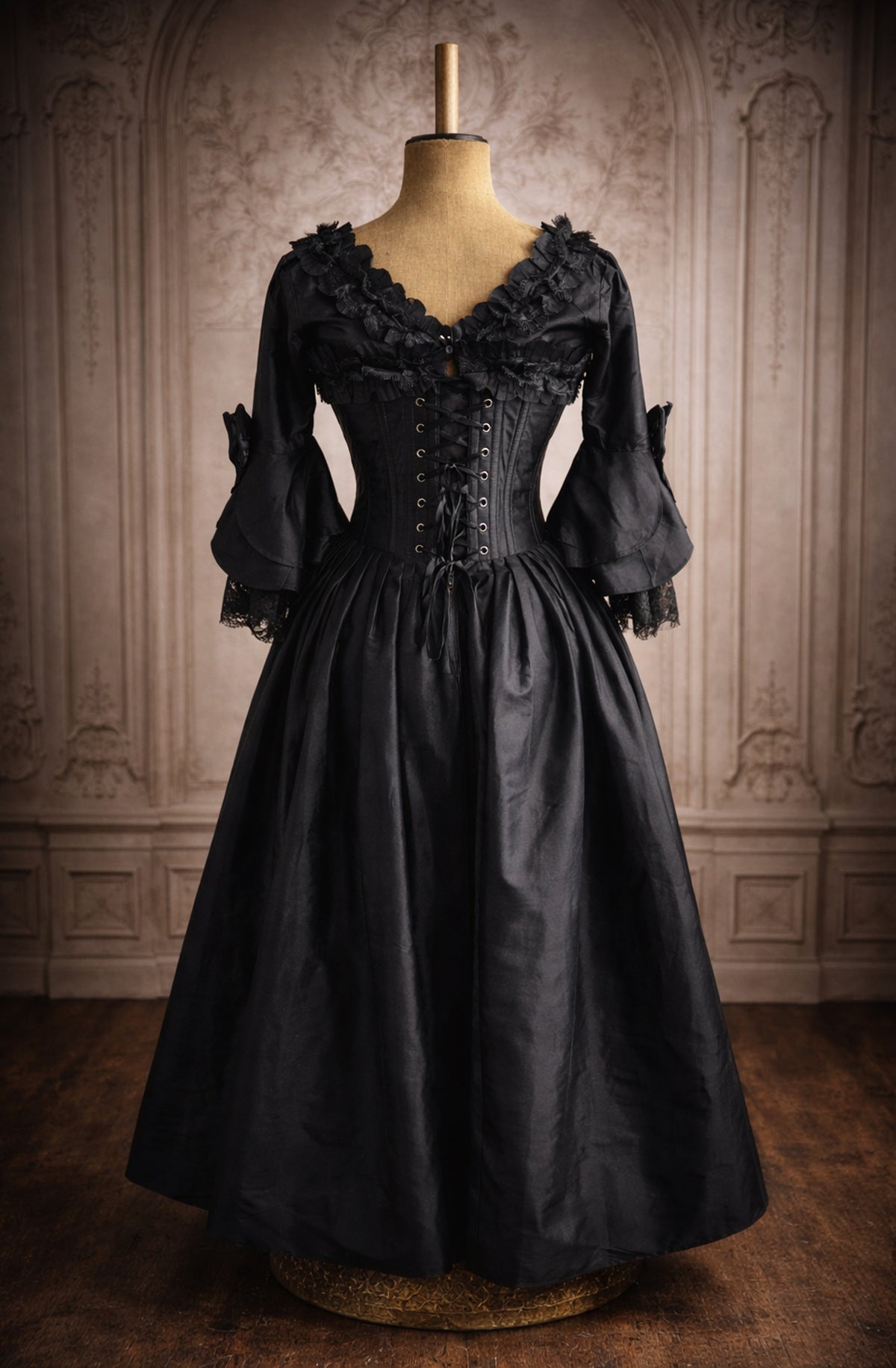 Immortelle Gown — Marie Antoinette–Inspired 18th Century Corset Gown in Nocturne Black - Immortelle Bijouterie