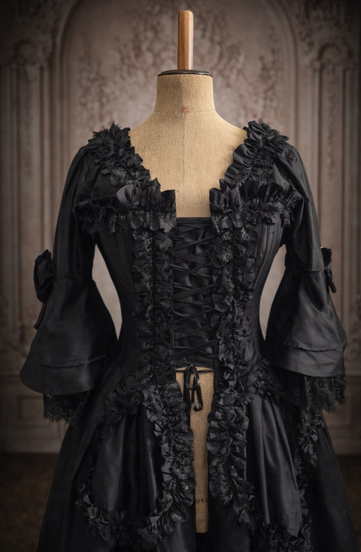 Immortelle Gown — Marie Antoinette–Inspired 18th Century Corset Gown in Nocturne Black - Immortelle Bijouterie