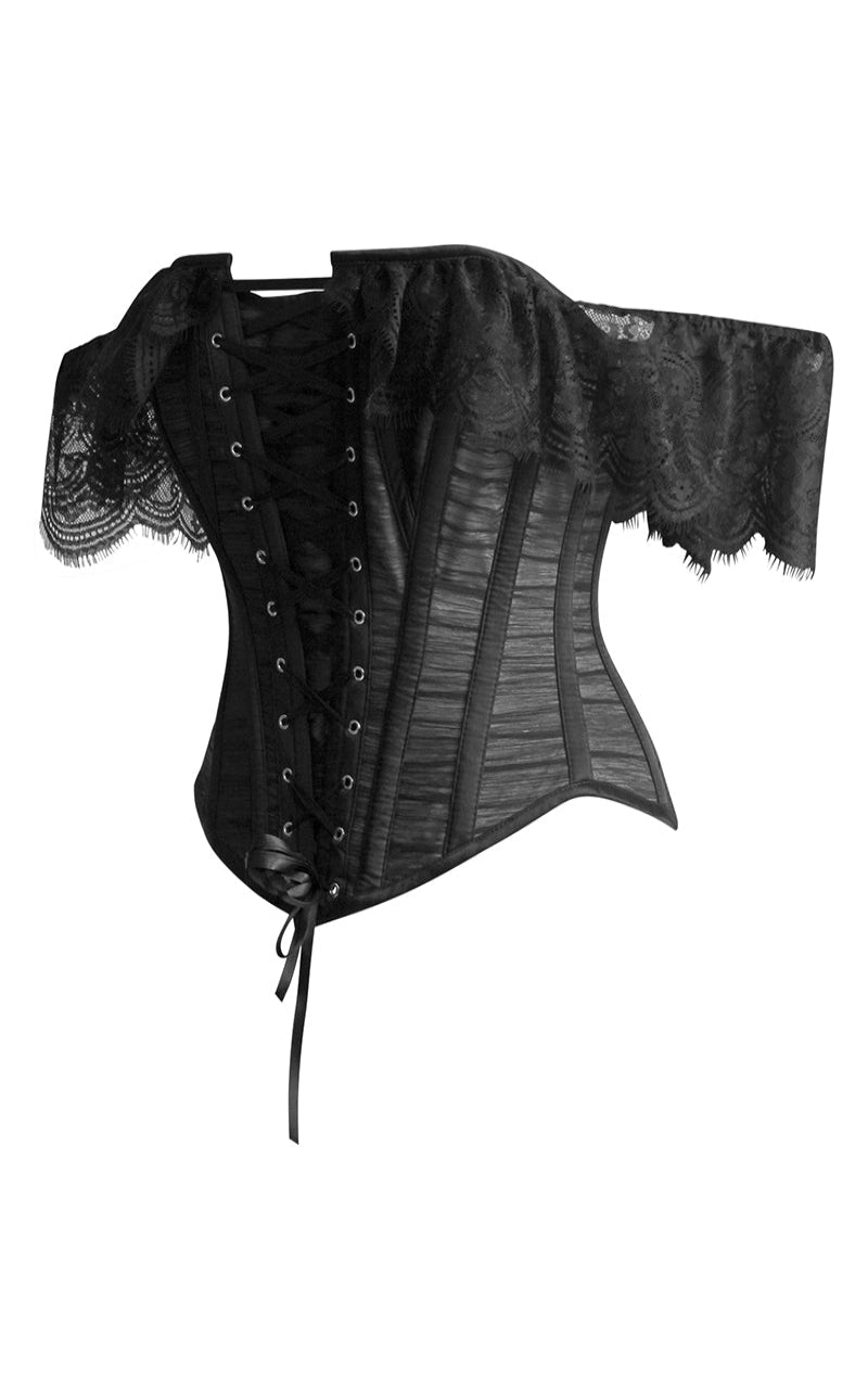 Black corset with lace sleeves on a white background