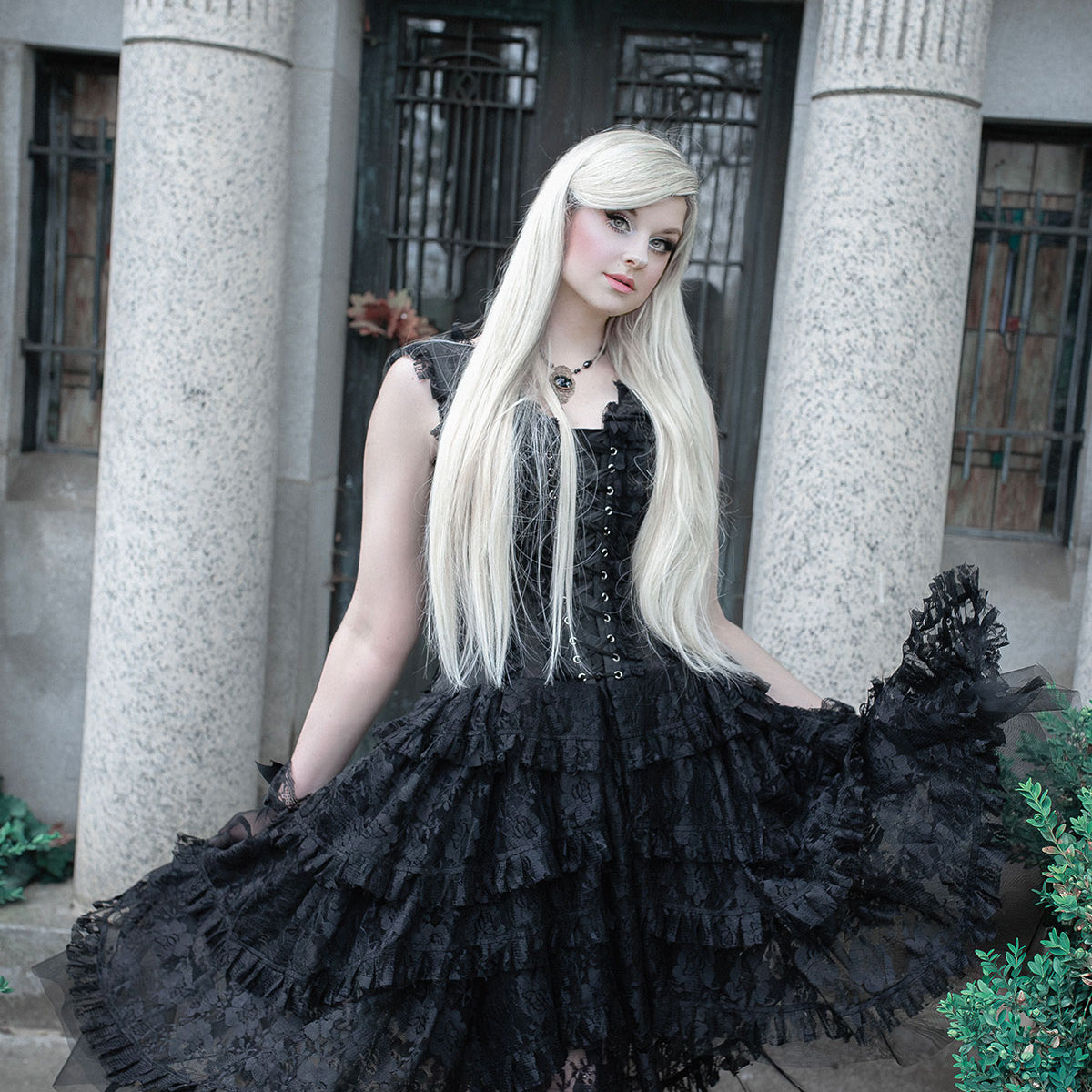 The Anastasia Corset Dress in Black Lace Brocade Duchess: (M/L) Corset Dress Size 26-30 / Black Floral Lace / Brocade The Anastasia Corset Dress in Black Lace Brocade Duchess: (M/L) Corset Dress Size 26-30 / Black Floral Lace / Brocade