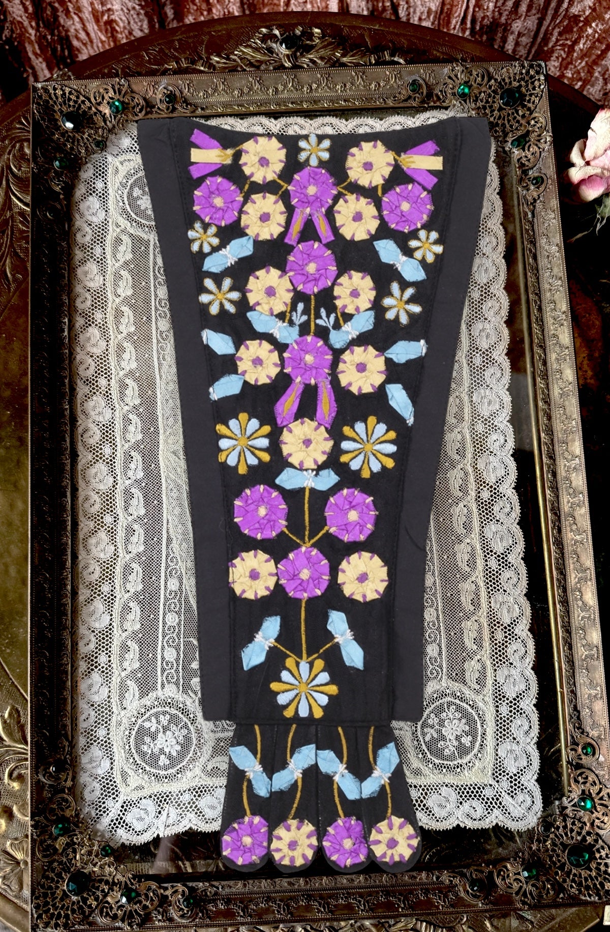 Corset Dress Stomacher - Black Le Jardin Appliqué in Amethyst