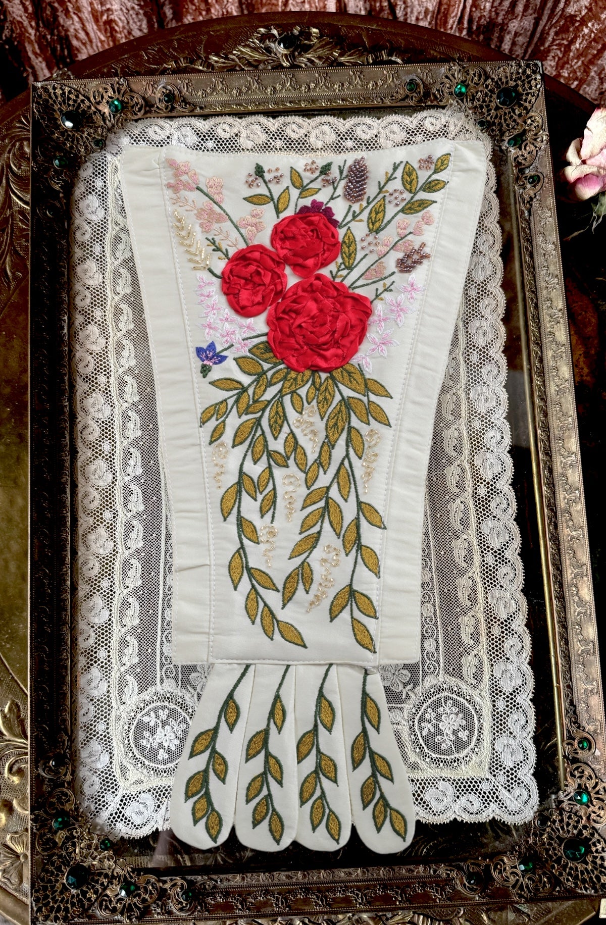 Corset Dress Stomacher - Ruby Ribbon Rose