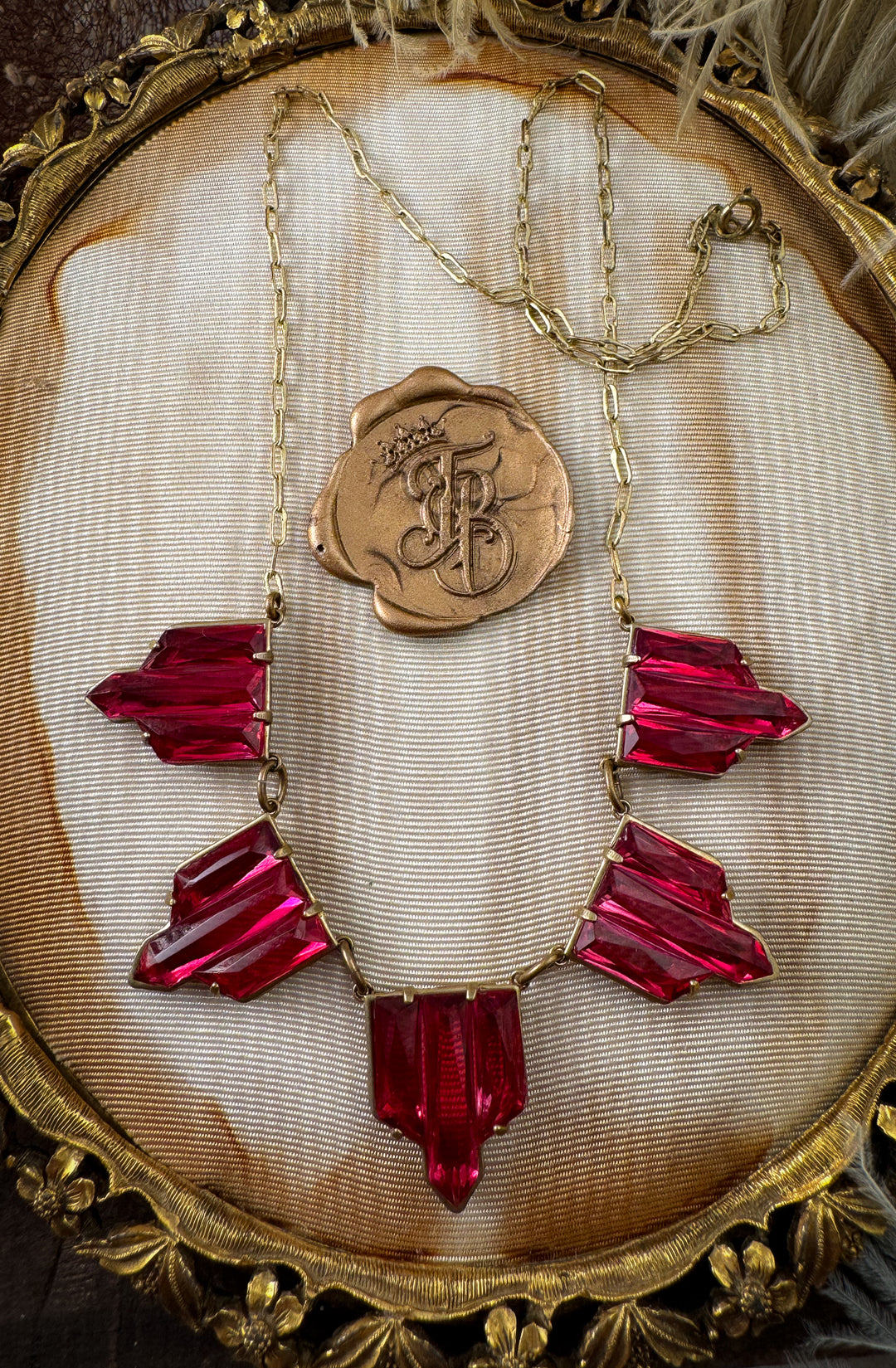 Vauxhall Art Deco Necklace in Ruby Pink Glass
