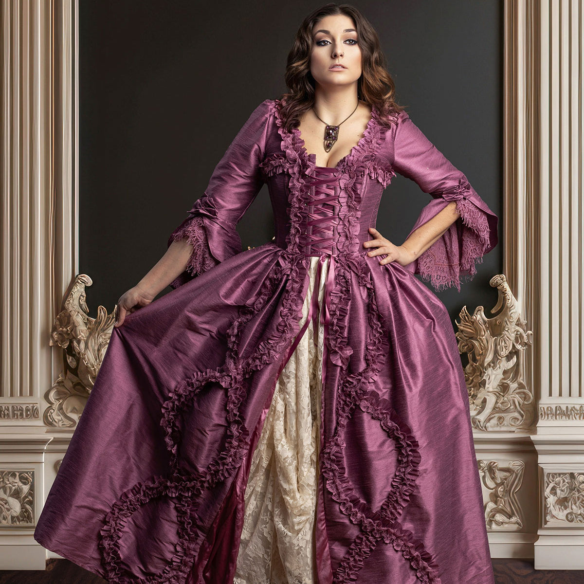 Immortelle Gown — Marie Antoinette–Inspired 18th Century Corset Gown in Iris Purple Empress: (L/XL) Corset Size 30-34 / Dupioni Silk / Serpentine