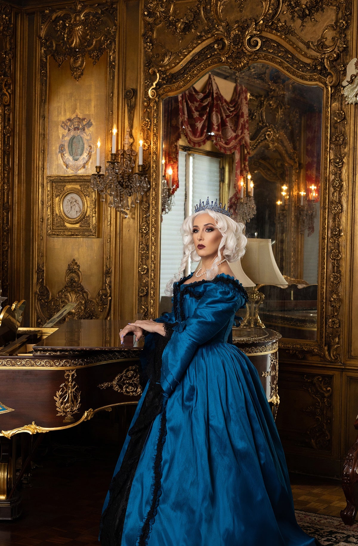 blue marie antoinette corset gown in french chateau