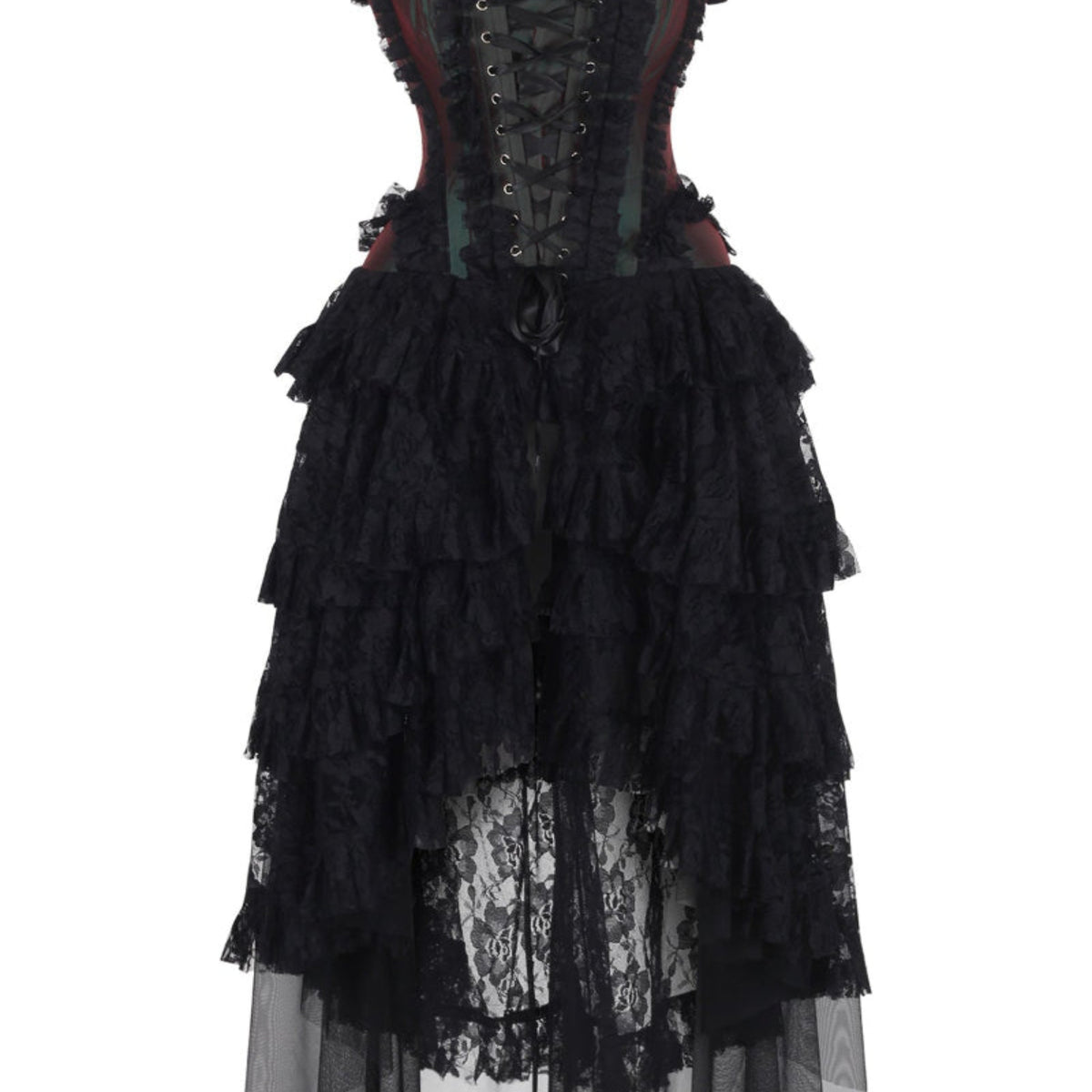 The Anastasia Corset Overdress in Mystic Green Taffeta Duchess: (M/L) Corset Dress Size 26-30 / Black Floral Lace / Taffeta The Anastasia Corset Overdress in Mystic Green Taffeta Duchess: (M/L) Corset Dress Size 26-30 / Black Floral Lace / Taffeta
