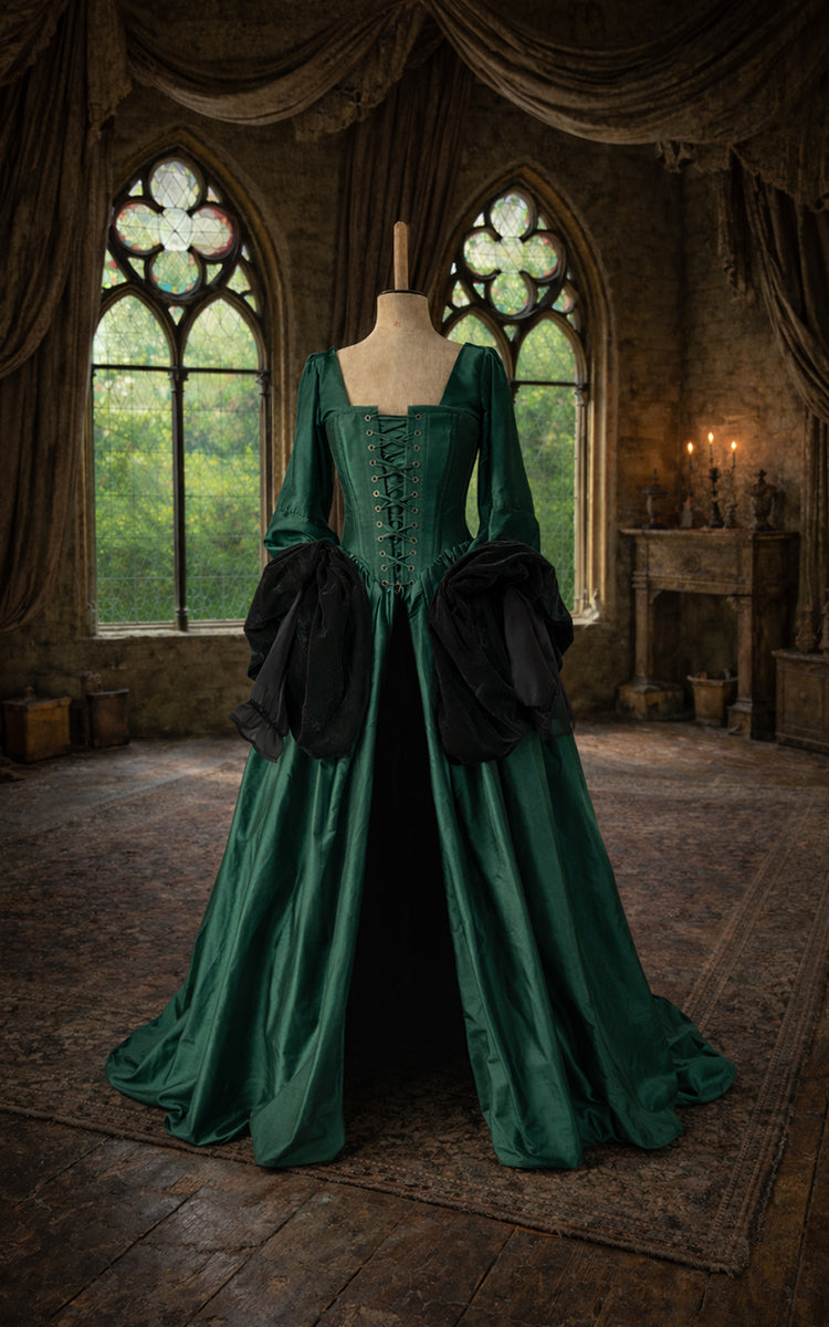The Boleyn Dress – Tudor Inspired Corset Gown in Verdant Court Duchess: (M/L) Corset Size 26-30