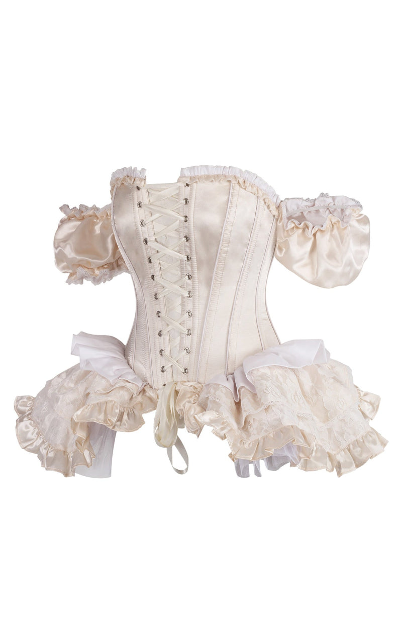 Renaissance corset with open front lacing in cream glass satin by Immortelle Bijouterie