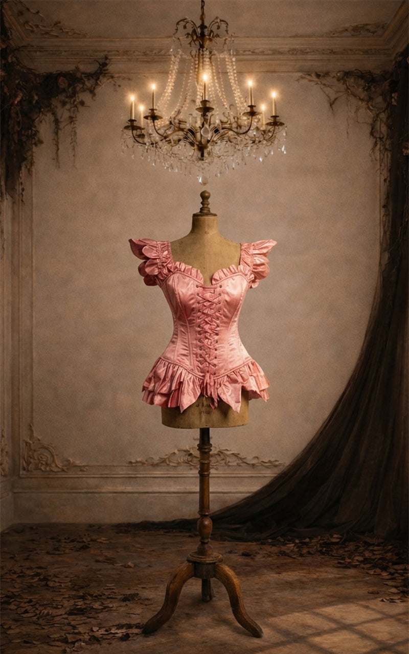 Pink fairy corset on a mannequin in an ornate room with a chandelier.