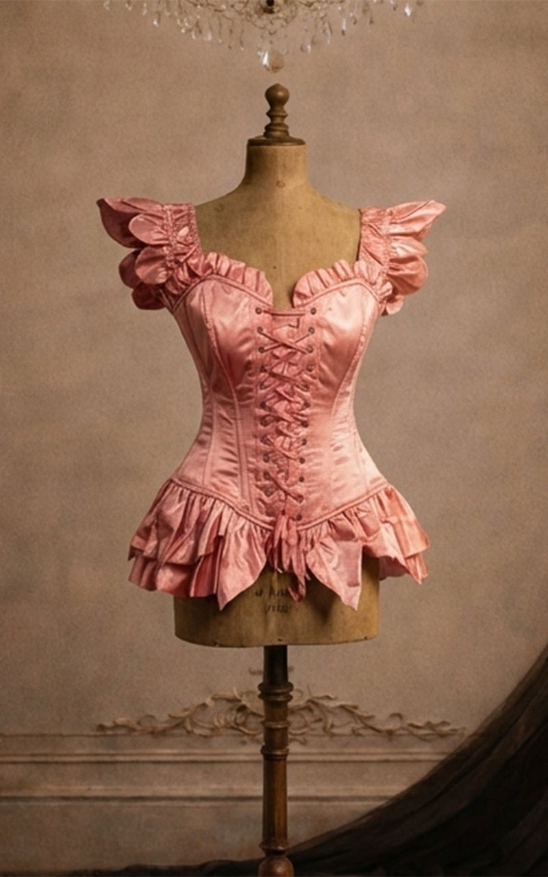 Pink fairy corset on a mannequin against a textured wall.