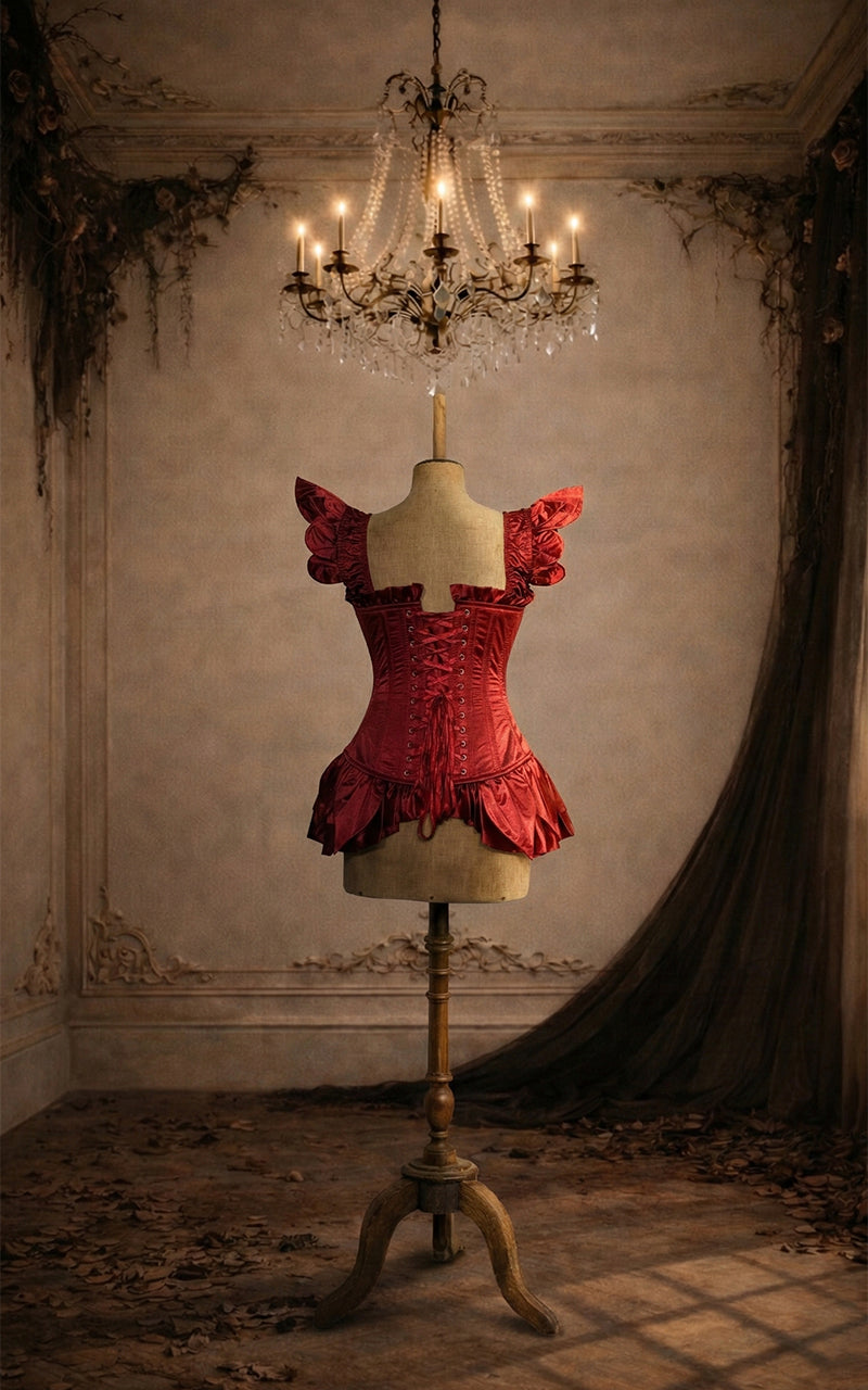 Red fairy corset  on a mannequin against a vintage wall with a chandelier - madame mortelle