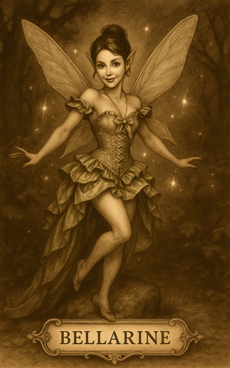 Illustration of a fairy named Bellarine in a sepia-toned setting with stars.