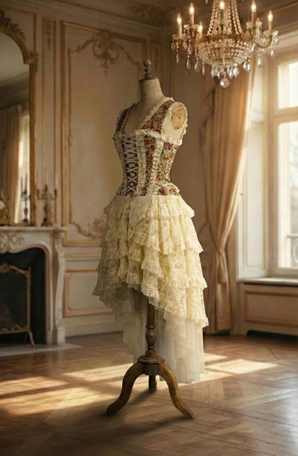 Elegant corset dress on a mannequin in a room with chandelier and fireplace