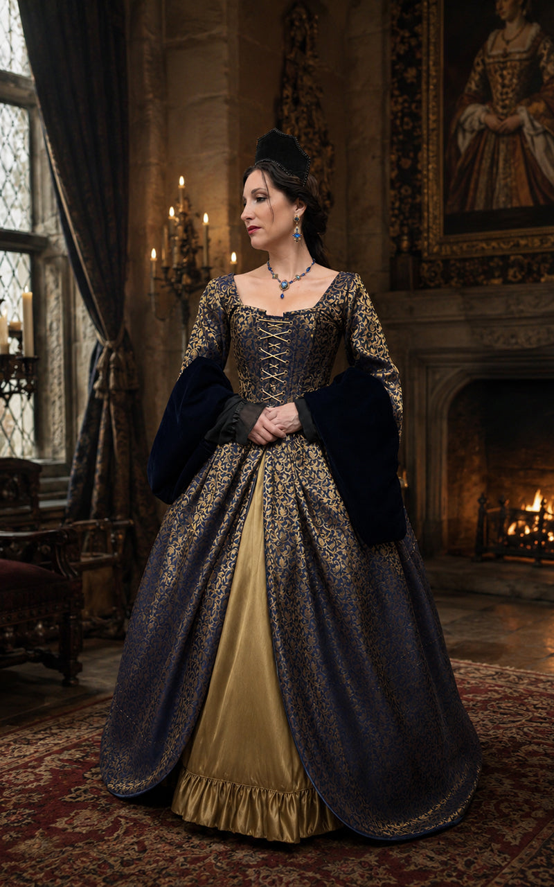 The Boleyn Dress – Tudor Inspired Corset Gown in Sapphire Brocade