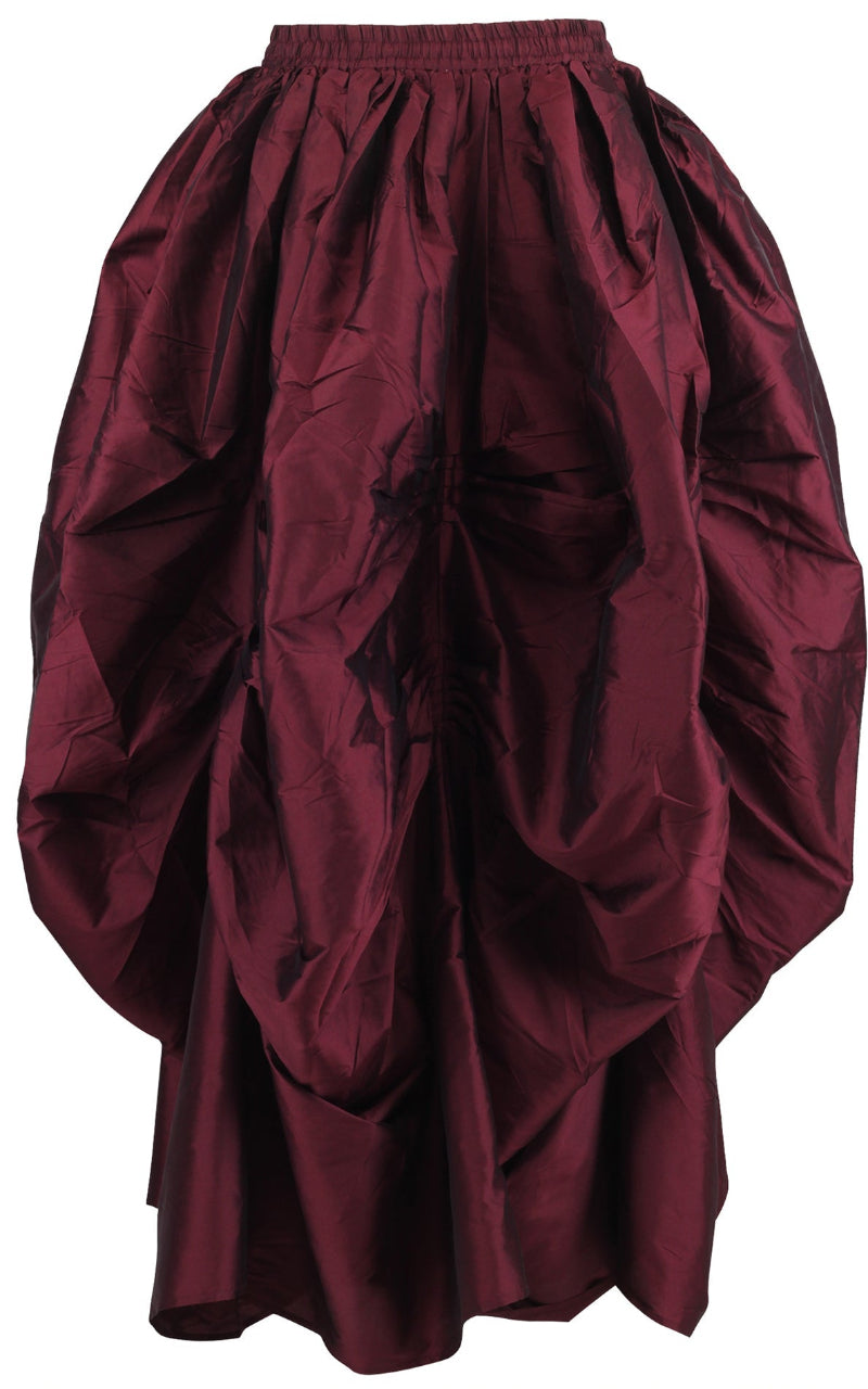 A burgundy and black shimmering ball gown skirt with pleated gathers and an elastic waistband.