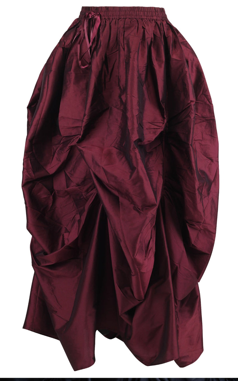 A burgundy and black shimmering ball gown skirt with pleated gathers and an elastic waistband.