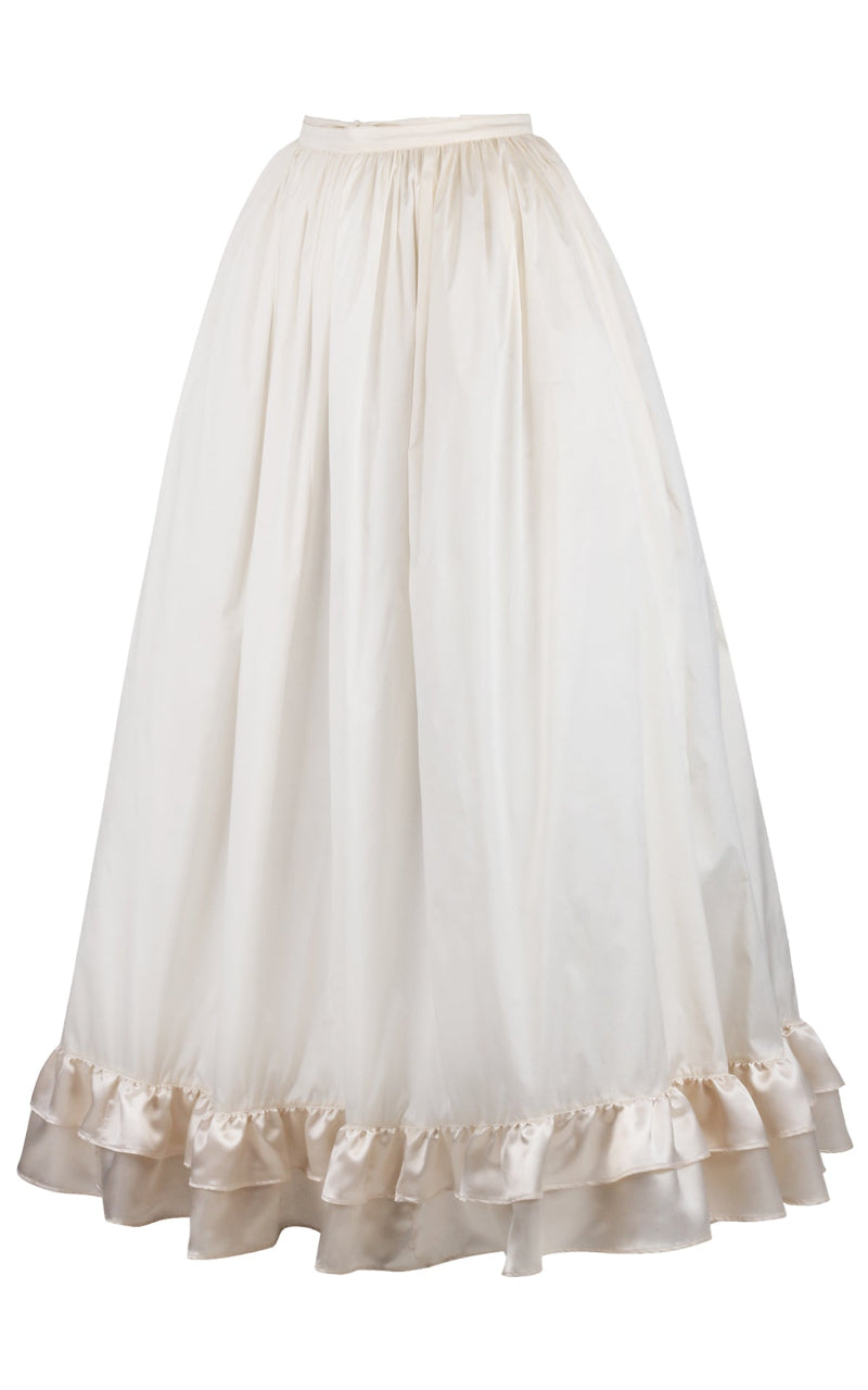 A cream crinoline petticoat skirt with a bridal satin ruffle at the bottom, designed with multiple layers and laces at the waist for adjustment.