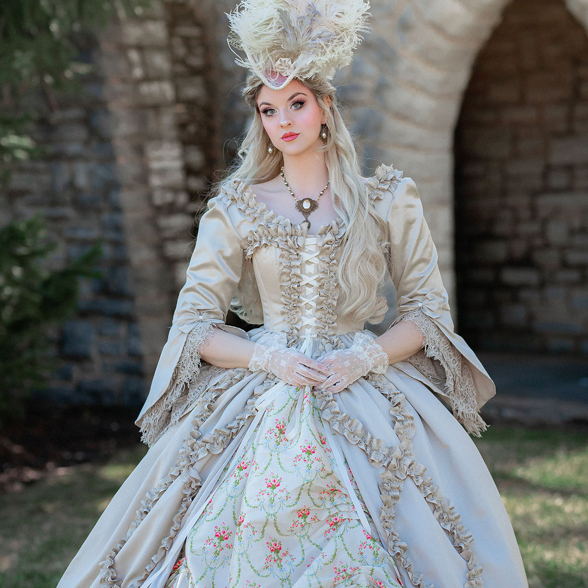 white christmas dresses Immortelle Gown — Marie Antoinette–Inspired 18th Century Corset Gown in Champagne Satin Empress: (L/XL) Corset Size 30-34 / Figure Eight / Slipper