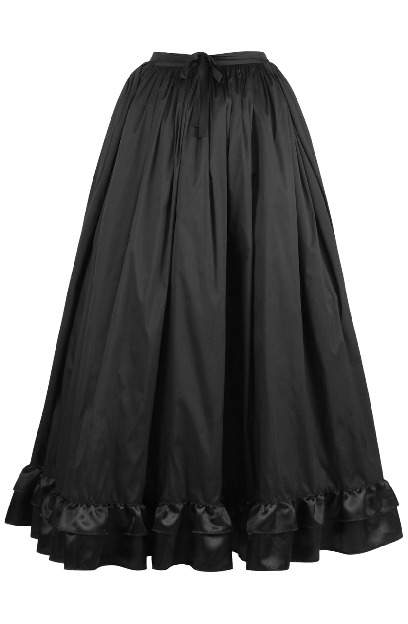 A black crinoline petticoat skirt with a bridal satin ruffle at the bottom, designed with multiple layers and laces at the waist for adjustment.