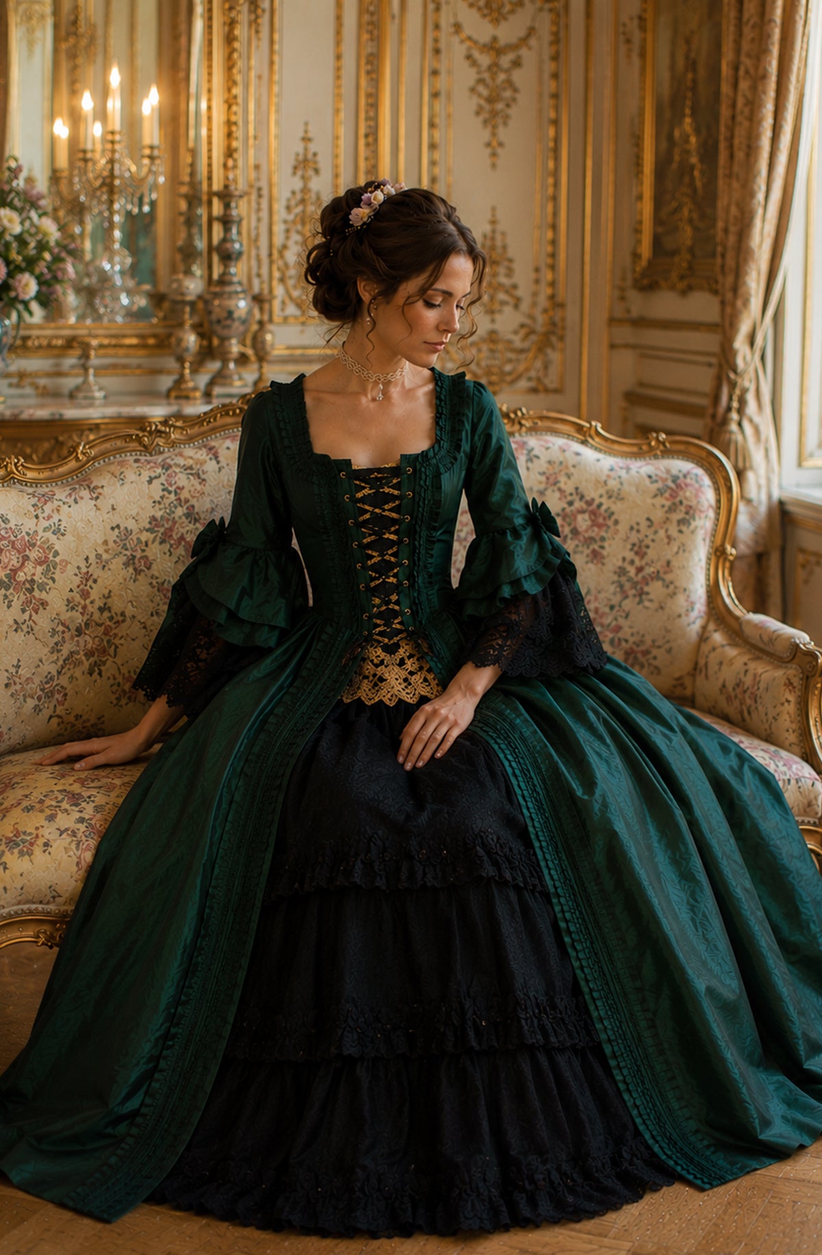 Pompadour Gown — Marie Antoinette–Inspired 18th Century Corset Gown in Jeweled Emerald - Immortelle Bijouterie