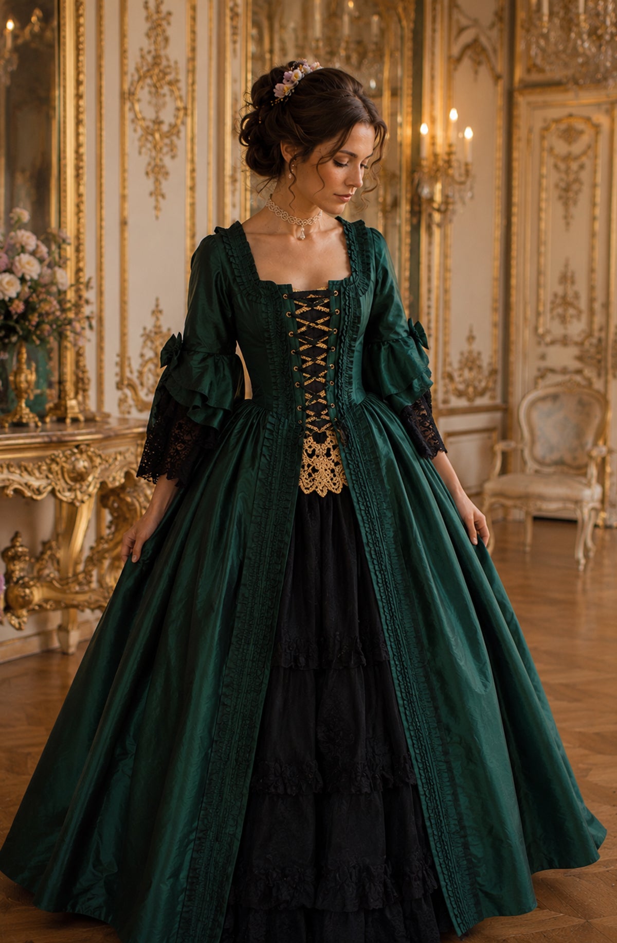 Pompadour Gown — Marie Antoinette–Inspired 18th Century Corset Gown in Jeweled Emerald - Immortelle Bijouterie