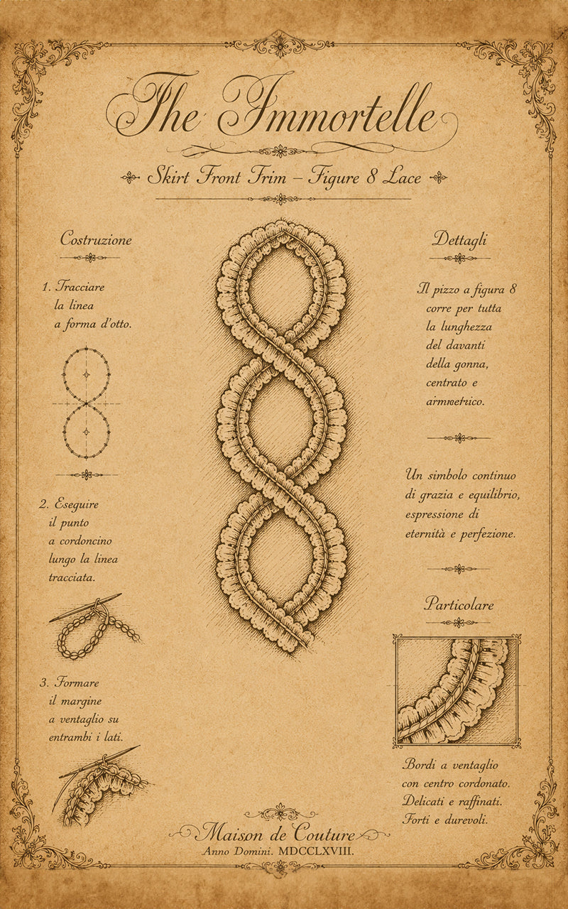 Vintage-style diagram of a lace design titled 'The Immortelle' on a beige background.