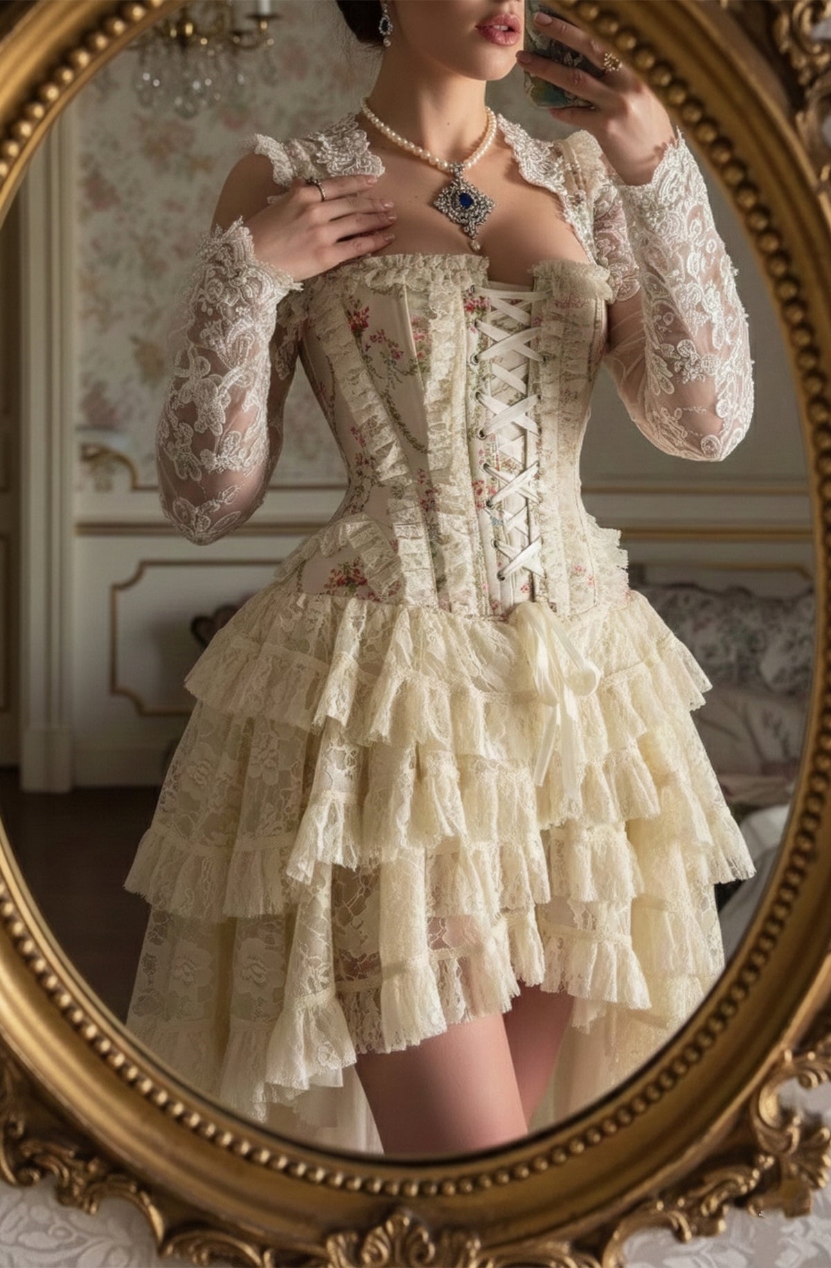 Woman in a vintage-style lace corset dress standing in front of an ornate mirror.