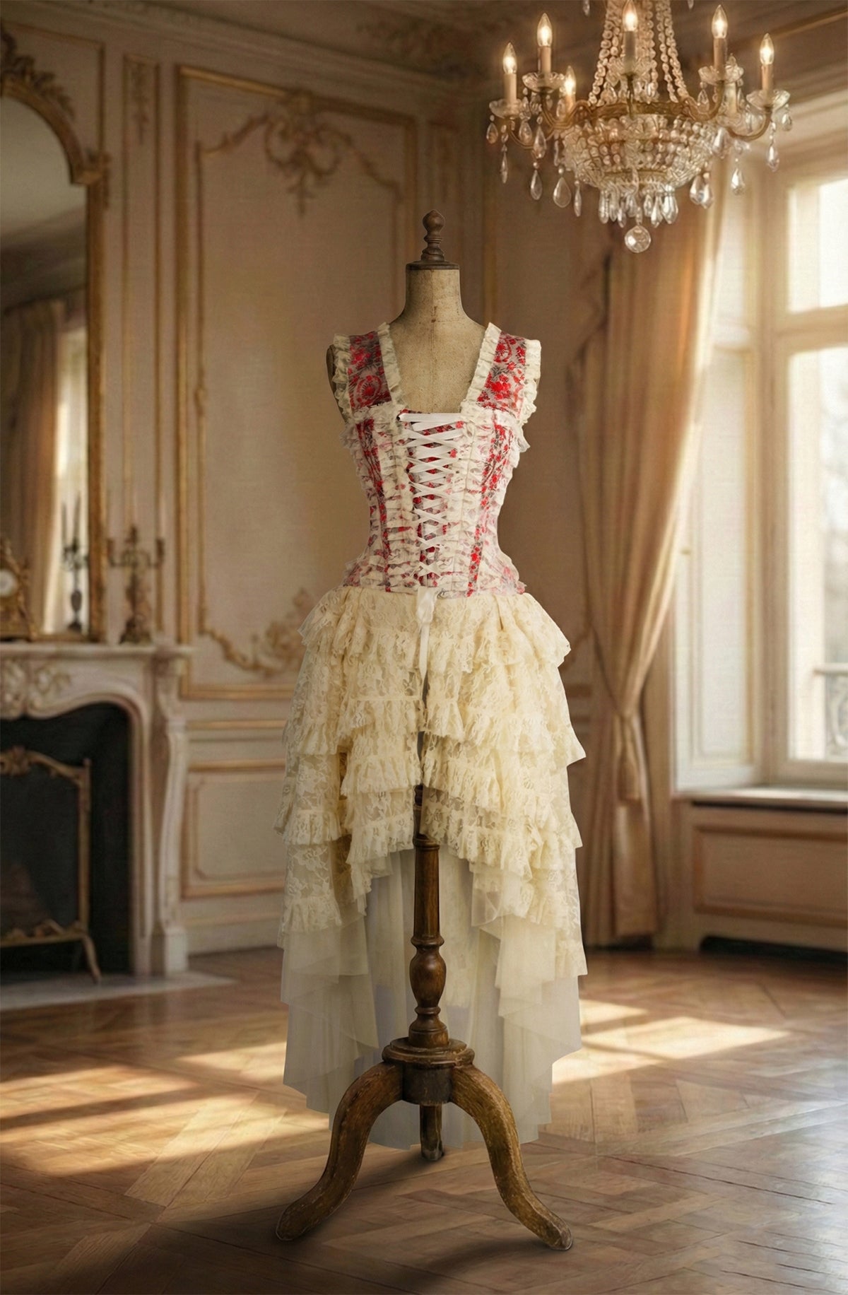 Elegant corset dress on a mannequin in a room with chandelier and mirror