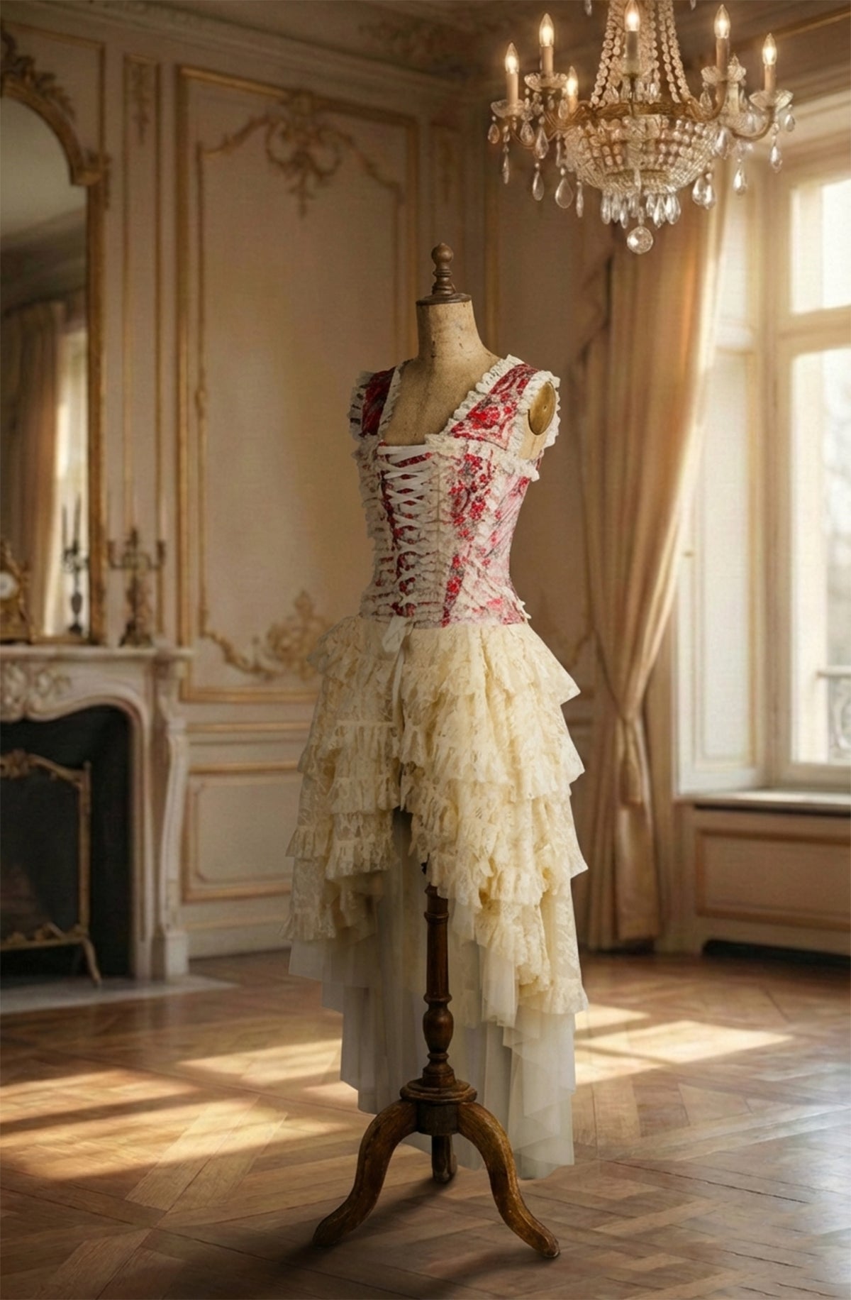 Mannequin wearing a pink and white corset dress with ruffled skirt in an elegant room.
