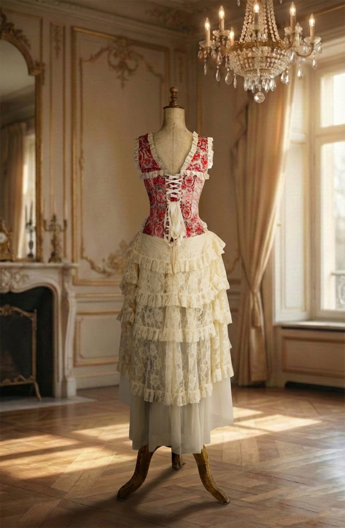 Vintage corset dress on a mannequin in an elegant room with chandelier and fireplace.