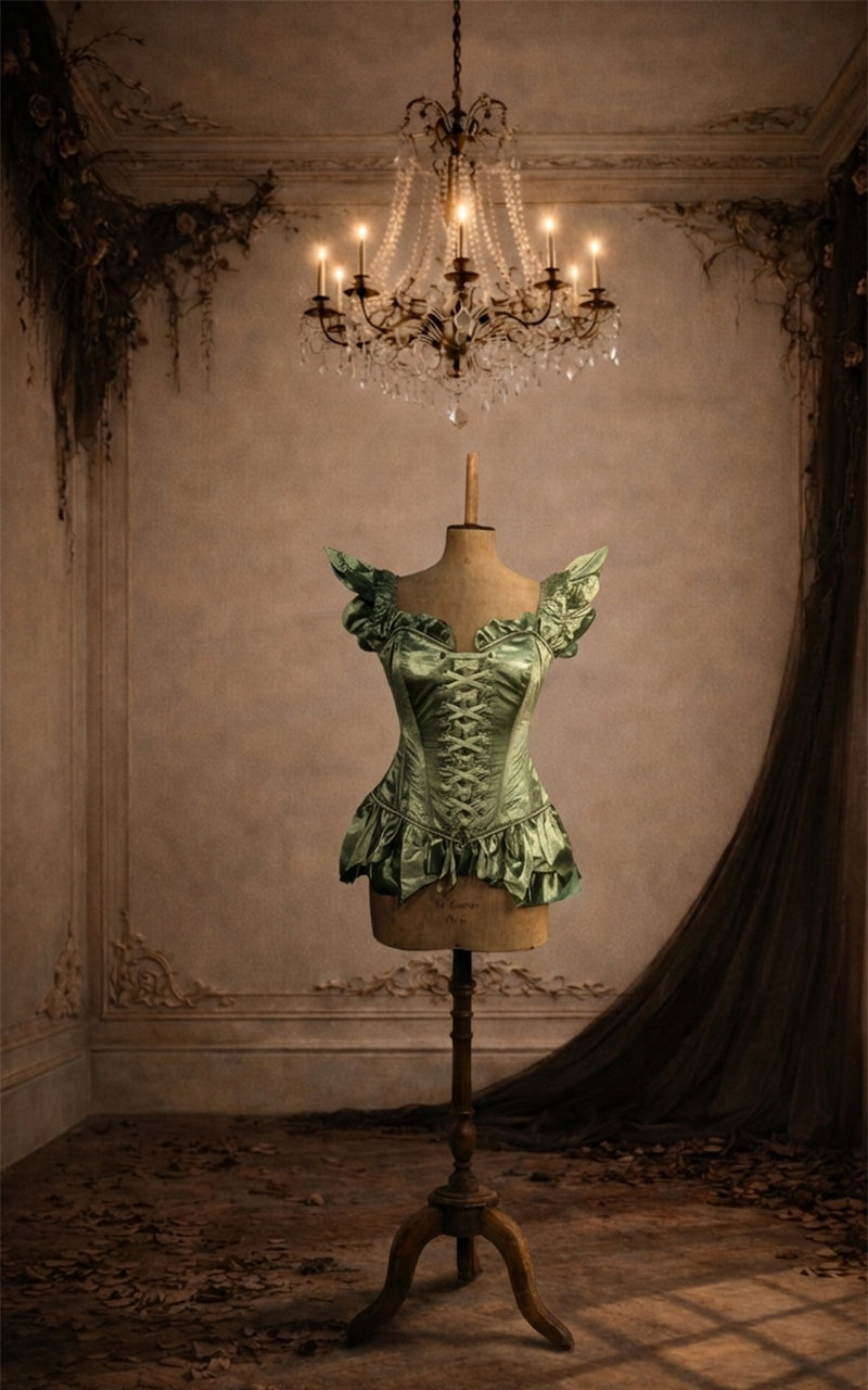 Green vintage corset on a mannequin under a chandelier in an ornate room.