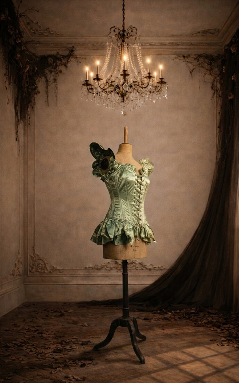 Green vintage corset on a mannequin under a chandelier in an ornate room.