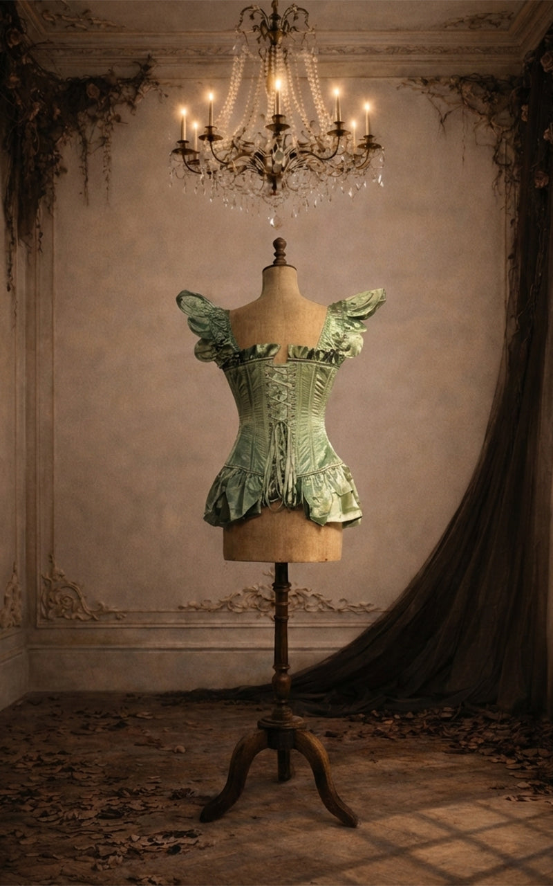 Green vintage corset on a mannequin under a chandelier in an ornate room.