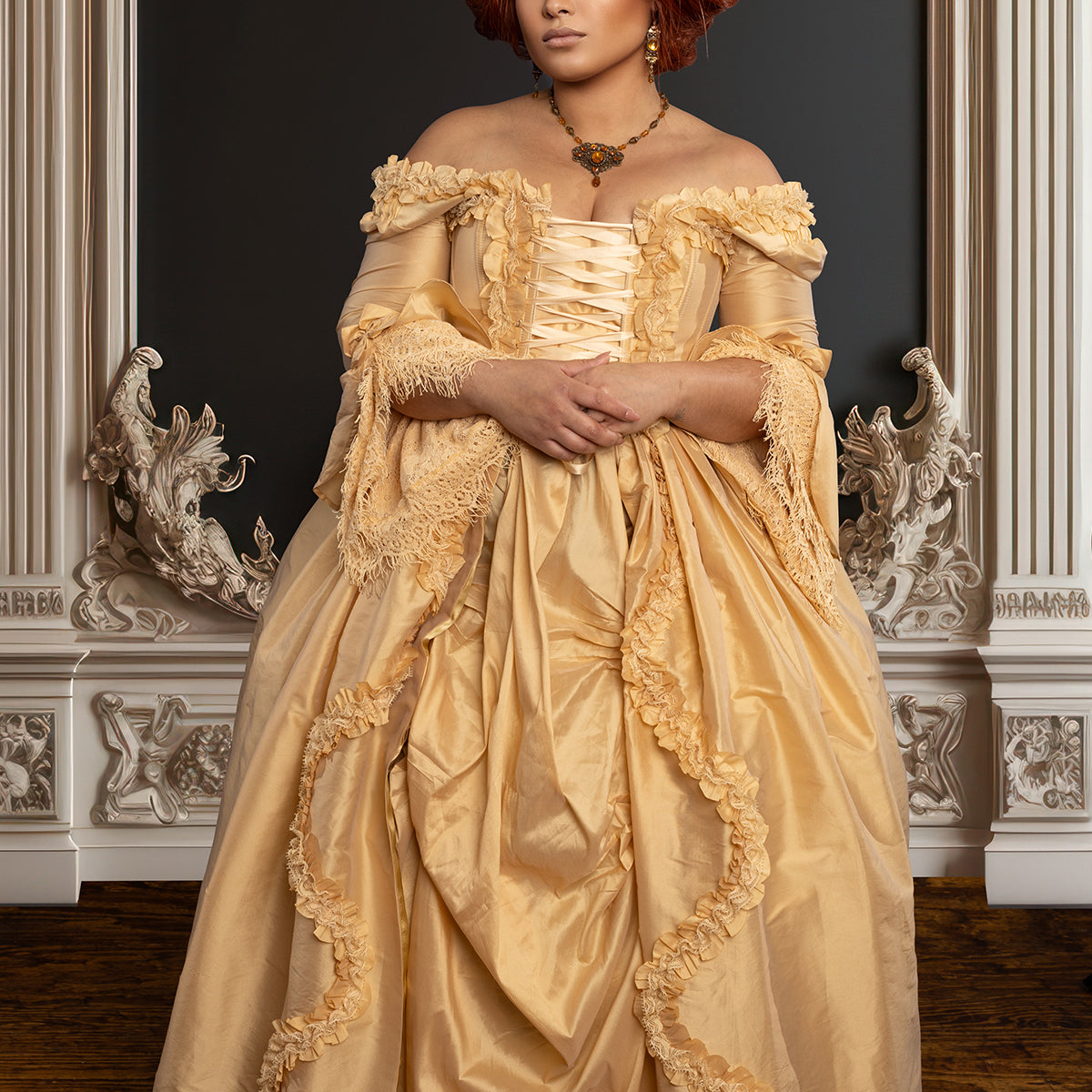 Immortelle Gown — Marie Antoinette–Inspired 18th Century Corset Gown in Royal Gold Empress: (L/XL) Corset Size 30-34 / Faux Silk Taffeta / Figure