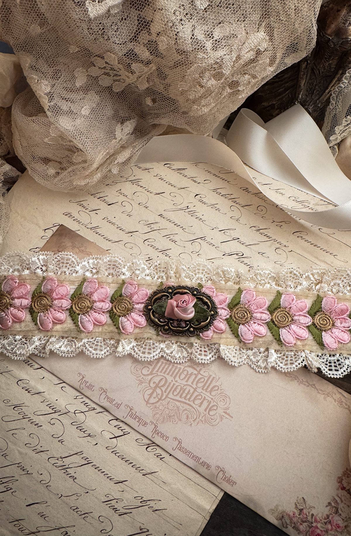 Rococo Floral Ribbon Choker — 18th Century–Inspired Adornment - Pink Floral - Immortelle Bijouterie
