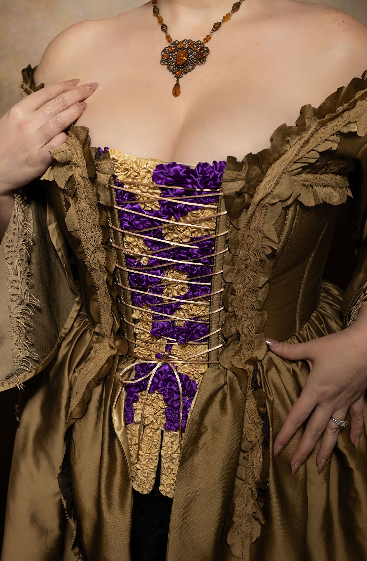 Corset Dress Stomacher - Ruffled Royal Amethyst and Gold 1