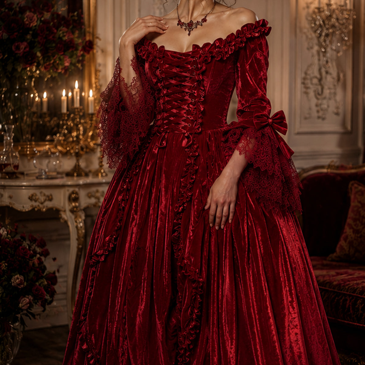 red marie antoinette dress Ture Red Retro Tudor Dress Costumes Lace Up Satin Fabric Floral Print Dress  Girl's Gothic Marie Antoinette Costume Set Vintage Clothing Burgundy