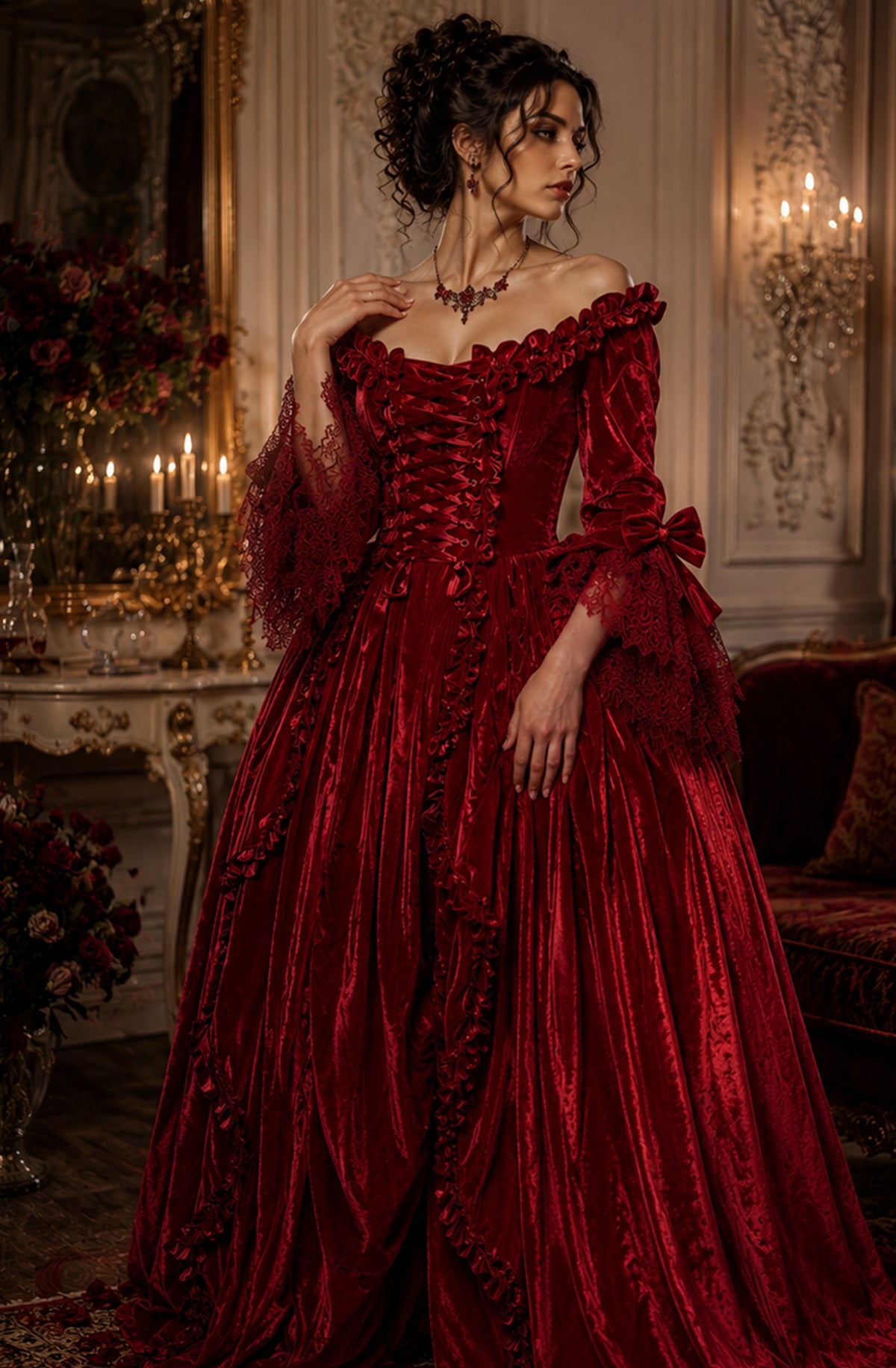 Red Velvet Marie Antoinette Gown - Immortelle Bijouterie