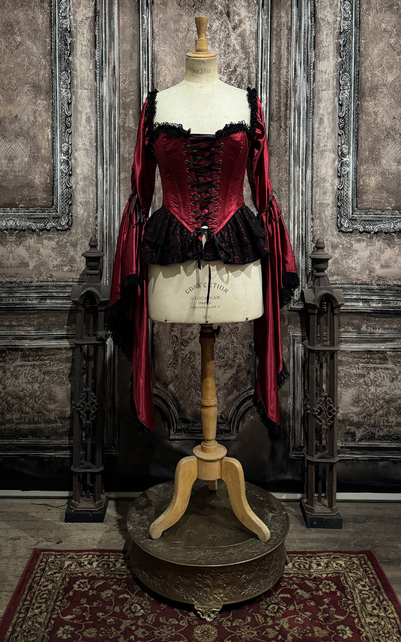 Reign Corset – Blood Red Satin Lace-Up Corset with Black Lace Peplum | Madame Mortelle Collection - Immortelle Bijouterie