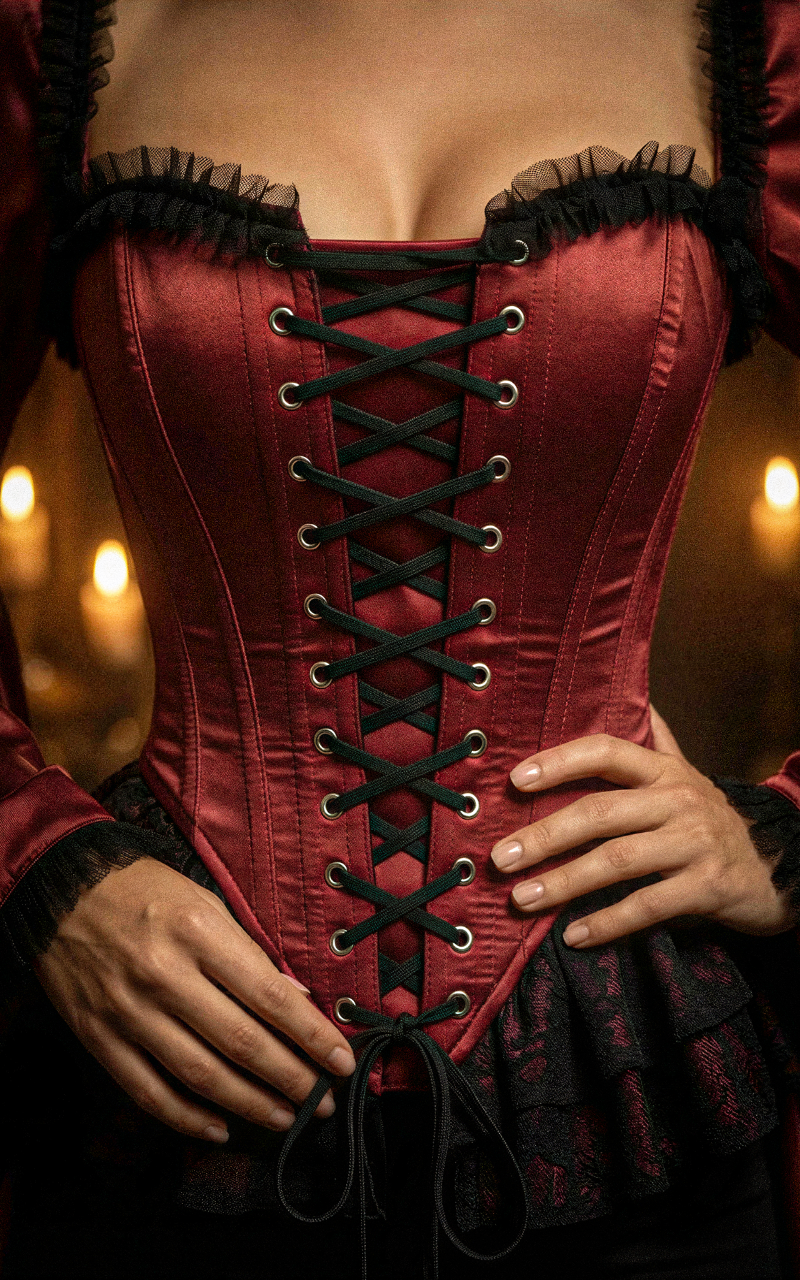 Reign Corset – Blood Red Satin Lace-Up Corset with Black Lace Peplum | Madame Mortelle Collection - Immortelle Bijouterie