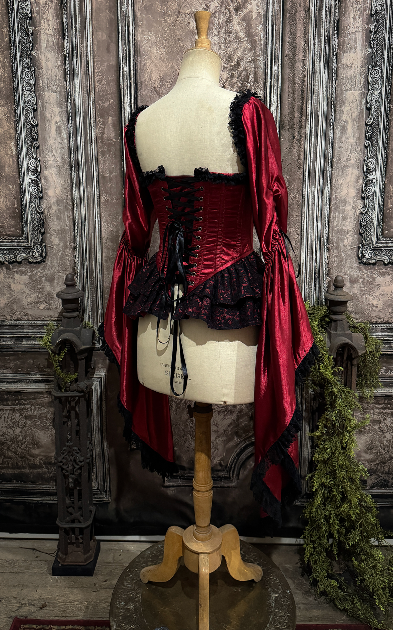 Reign Corset – Blood Red Satin Lace-Up Corset with Black Lace Peplum | Madame Mortelle Collection - Immortelle Bijouterie