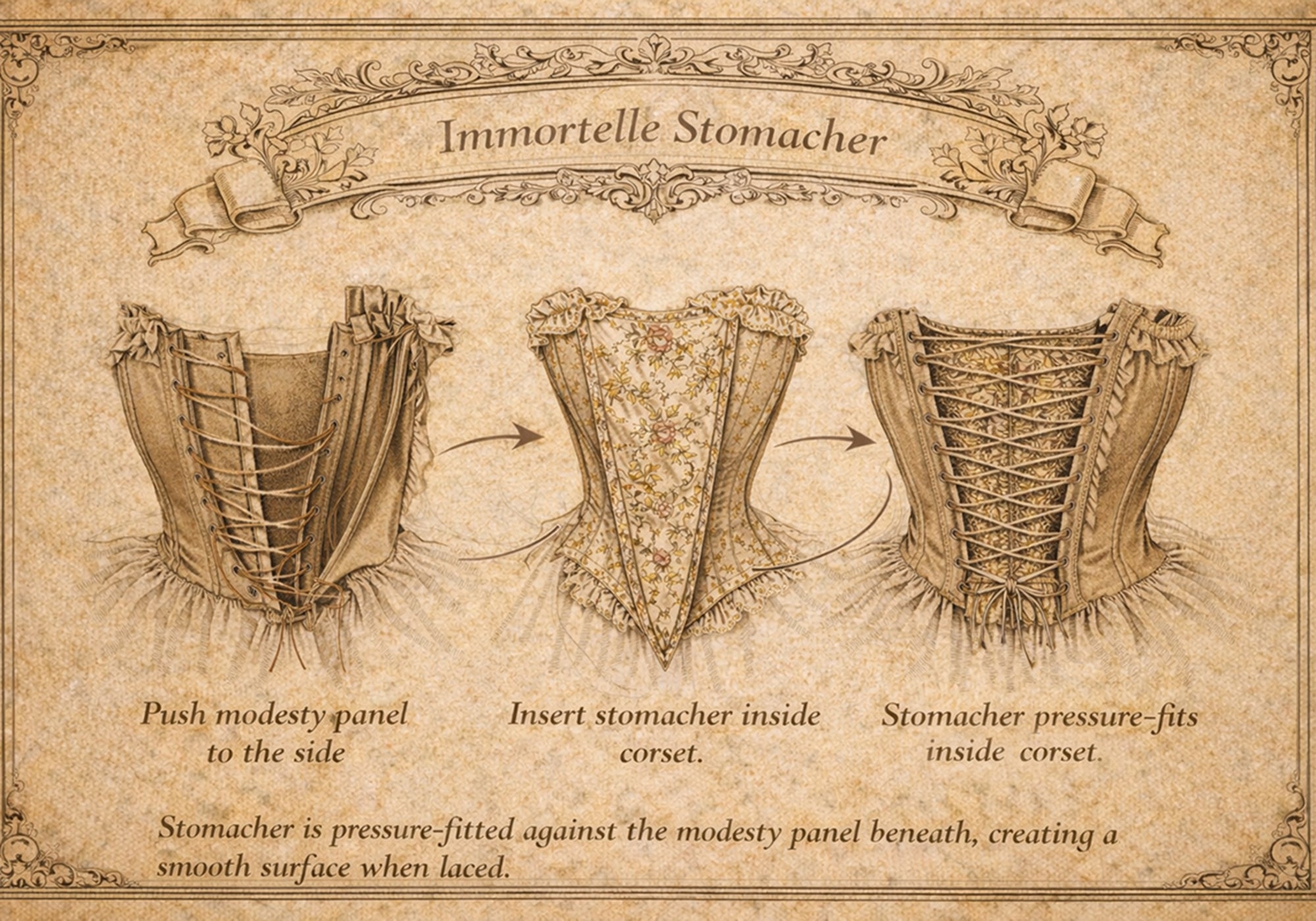 Illustration of a corset with text explaining its construction on a beige background.