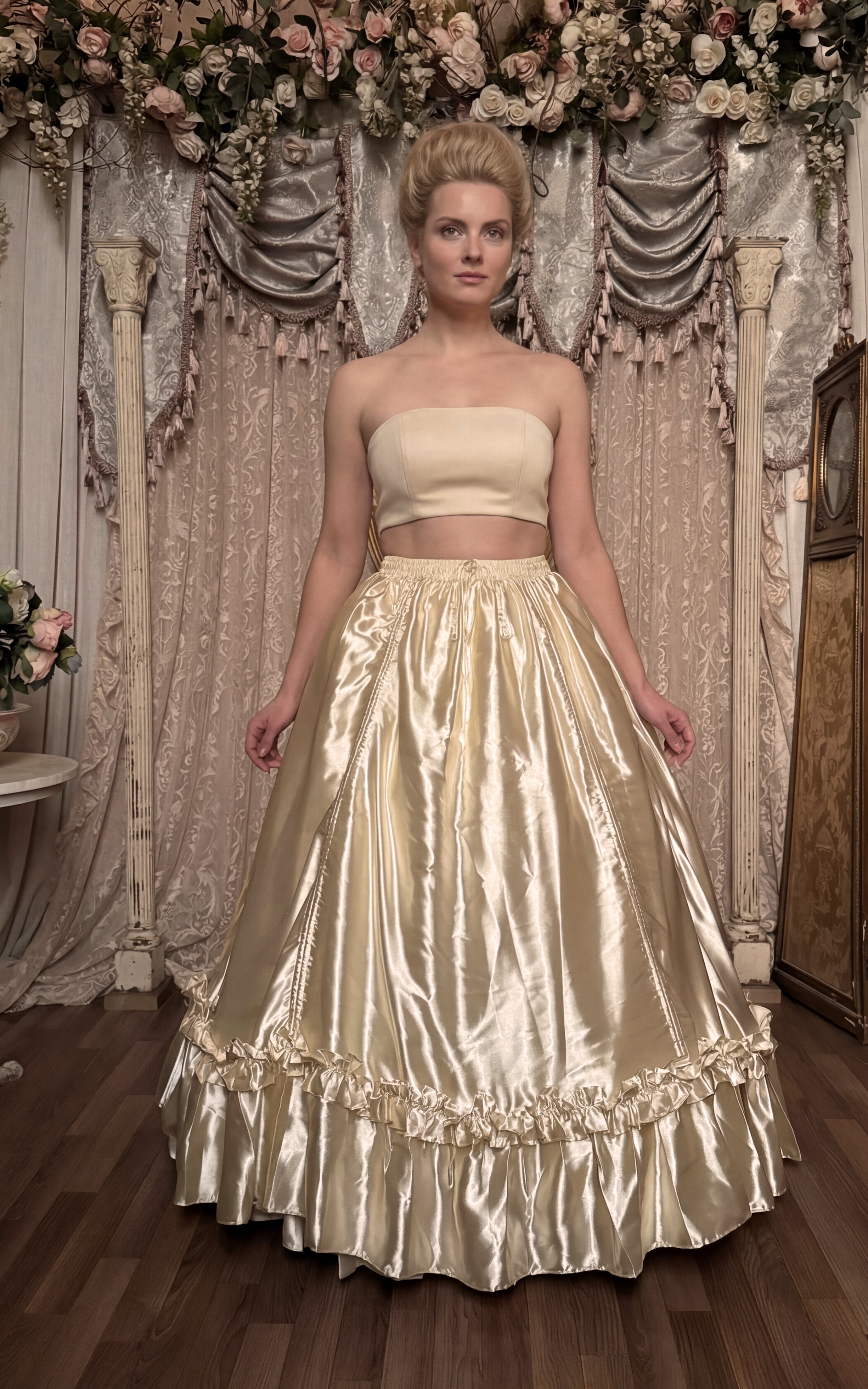 The Veil Skirt in French Cream Satin - Convertible Court Skirt - Immortelle Bijouterie