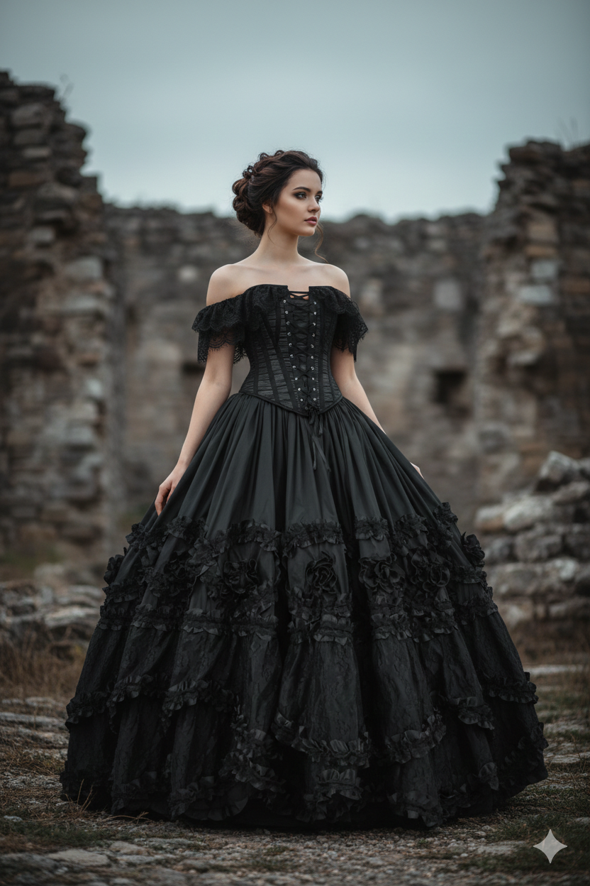 woman in black lace corset and pompadour skirt in castle ruins